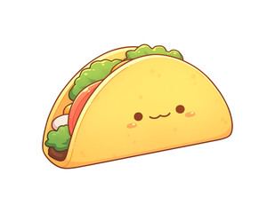 Poster - cute cartoon taco with smiling face, featuring lettuce, tomato, and cheese, isolated on transparency background