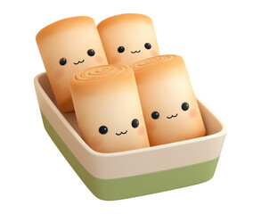 Poster - Cute cartoon spring rolls with smiling faces in dish, isolated on transparency background, showcasing playful and adorable design. Perfect for food themed illustrations or children content