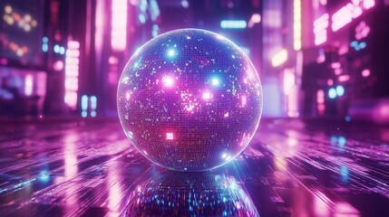Poster - a glowing disco ball with holographic reflections, surrounded by vibrant neon lights.