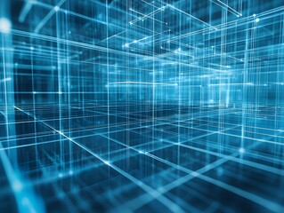 Poster - Abstract Digital Grid in Blue Tones Representing Technology and Data Visualization in 3D Space, Ideal for Backgrounds and Illustrations in Modern Design