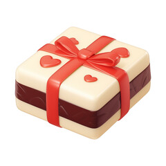 Poster - cute 3D cartoon white chocolate gift box with red ribbon and heart decorations, isolated on transparency background. Perfect for Valentine Day or romantic occasions