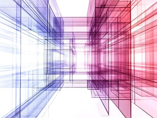 Aufkleber - Abstract Digital Artwork of Transparent Geometric Shapes in a Futuristic Perspective with Blue and Red Hues Creating a Sense of Depth and Movement