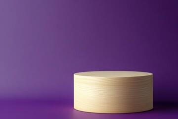 Poster - a minimalist wooden pedestal on a vibrant purple background, perfect for showcasing products or arti
