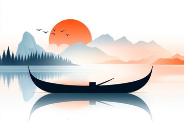Poster - A flat 2D illustration of a gondola on a canal, with clean lines and muted tones of blue and green on a white background