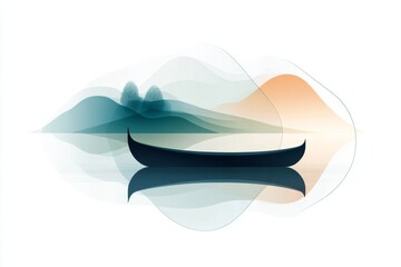 Poster - A flat 2D illustration of a gondola on a canal, with clean lines and muted tones of blue and green on a white background