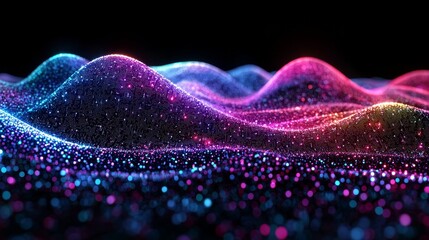 Poster - Vibrant waves of glowing, neon-colored particles form a dynamic digital landscape filled with depth and movement