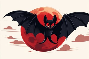 Leinwandbilder - A flat 2D illustration of a vampire bat flying against a full moon, drawn with bold lines and a simple color scheme of black and red