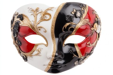 Poster - A flat depiction of a Venetian mask, featuring clean curves and soft accents of gold, black, and red on a white background