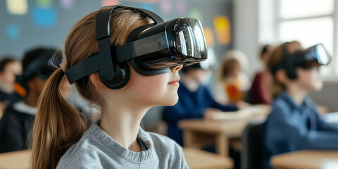 Poster - young girl classroom setting is engaged with virtual reality technology, wearing VR headset. classroom is filled with students, each focused their immersive learning experience, highlighting