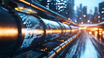 Poster - wide angle view of financial district with oil pipelines, illuminated by city lights and digital data overlays, creating futuristic and dynamic atmosphere