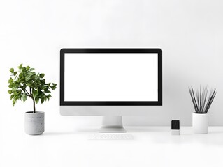 Poster - Minimalistic Workspace with Blank Computer Monitor, Green Potted Plant, and Modern Decorative Elements on a Clean White Desk Surface for Office Inspiration