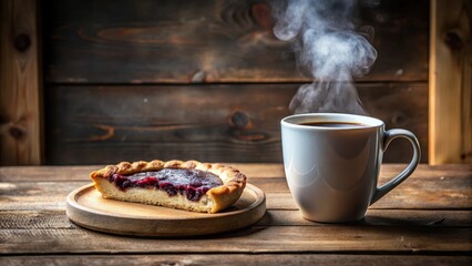Aufkleber - A slice of warm berry pie on a wooden board accompanied by a steaming cup of coffee on a rustic wooden table