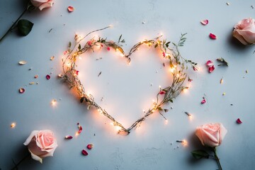 Poster - A flat design of a heart-shaped wreath made of roses and fairy lights, rendered with bright colors on a white canvas