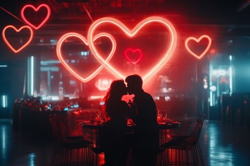 Aufkleber - A futuristic Valentine's Day dinner with holographic heart decorations, glowing cutlery, and a couple enjoying a high-tech romantic setting