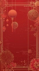 Wall Mural - Minimalist Chinese New Year Border Design Featuring Lanterns, Floral Patterns, and Traditional Motifs in Vibrant Red and Gold for Celebratory Decor and Festive Invitations