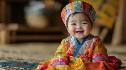 Wall Mural - A smiling Asian baby dressed in a traditional outfit, sitting on a woven rug.