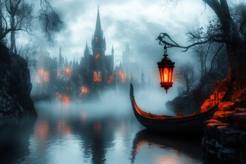 Poster - A gothic depiction of Venice at night, with fog rolling through the canals, dark shadows on ancient walls, and a single lantern glowing on a gondola