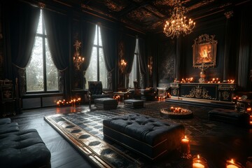 Poster - A gothic depiction of a VIP throne room, with dark velvet curtains, ornate chandeliers, and intricate black-and-gold detailing