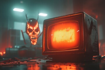 Poster - A gothic depiction of a haunted VHS tape glowing ominously, placed in an old TV with eerie static filling the screen in a dimly lit room