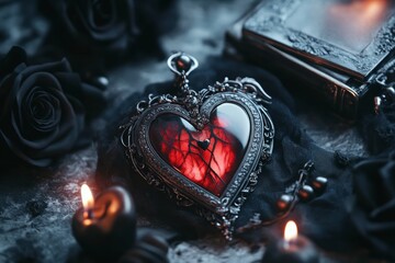 Poster - A gothic heart-shaped locket lying on a dark velvet cloth, surrounded by black roses and dim candlelight