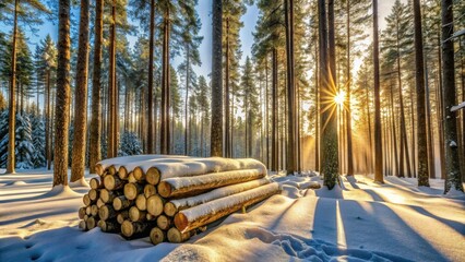 Aufkleber - Winter Sunrise in a Snow-Covered Pine Forest with Stacked Logs
