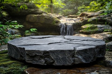 Poster - serene small stone podium on flat rock platform surrounded by lush greenery and gentle waterfall in 
