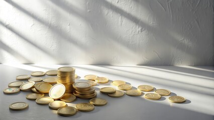 Aufkleber - Golden coins scattered on a table, illuminated by sunlight streaming through a window, symbolizing wealth and prosperity