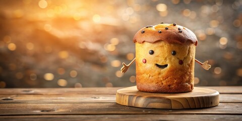 Poster - A cheerful baked treat with tiny arms, positioned on a wooden board against a bokeh backdrop.