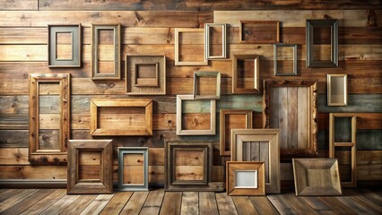 Aufkleber - Rustic Wooden Frames Adorn a Weathered Wall, Creating a Gallery of Empty Spaces Ready for Memories