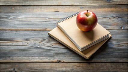 Aufkleber - A ripe red apple rests atop a stack of notebooks on a rustic wooden surface