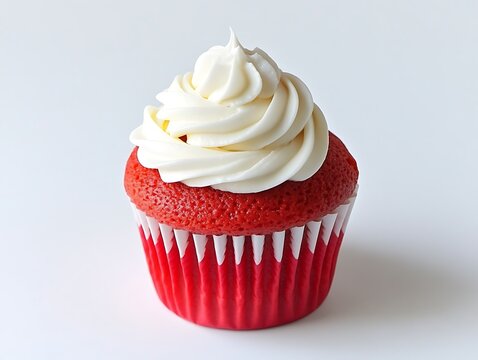 A charming red cupcake with smooth white cream on top isolated on a pure white background