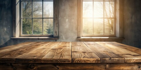 Poster - Rustic Wooden Tabletop Display Against a Background of Two Windows with a Sunny View