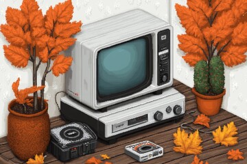 Poster - A pixel art depiction of a cozy retro room with a VCR playing a movie on a CRT TV, surrounded by tiny pixelated VHS tapes and nostalgic decor
