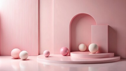 Leinwandbilder - Pastel Pink Minimalist Product Display Scene with Geometric Shapes and Spheres