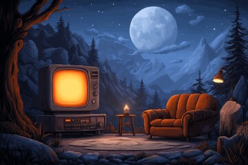Poster - A pixel art depiction of a retro TV setup with animated VHS tapes, a glowing screen, and nostalgic 8-bit details in a cozy room