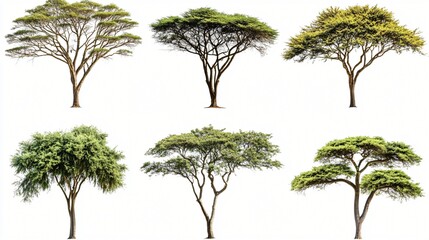 Six Diverse Trees Isolated on White Background Acacia Green Nature Foliage Botany Landscape Design