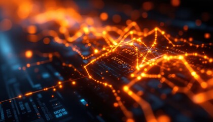 Fototapete - Abstract digital technology background with orange data network visualization
