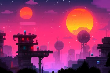 Poster - A pixel art vector of fireworks bursting in a colorful night sky, with tiny pixelated stars and cheerful animations reminiscent of retro video games
