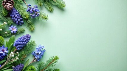 Poster - A serene arrangement of blue flowers and evergreen branches on a pale green background