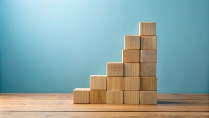 Aufkleber - Wooden blocks ascending in a stair-step pattern on a table against a light blue background