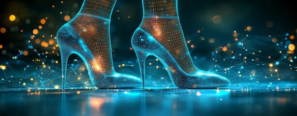 Poster - woman strolling on radiant pixel terrain, a masterpiece of futuristic digital art