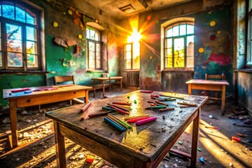 Wall Mural - Abandoned Schoolroom: Colorful Crayons & Graffiti Art Urban Exploration