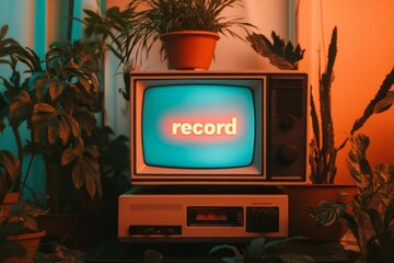 Poster - A retro TV playing static noise, with a VHS player displaying a glowing red 