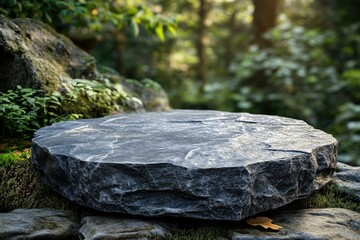 Poster - flat small stone podium on rock platform surrounded by lush greenery and soft natural lighting in a 