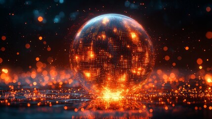 Fototapete - A glowing, abstract sphere enveloped by shimmering particles creates a mesmerizing, high-tech visual effect in a dark setting