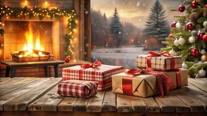 Aufkleber - Cozy Winter Scene with Presents by Fireplace and Christmas Tree