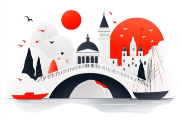 Aufkleber - A stylized design of the Rialto Bridge, depicted with bold outlines and simple geometric shapes in soft gray and white tones