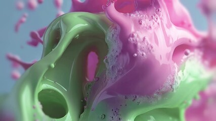 Leinwandbilder - Energetic animated splashes of pink and green liquids. Smooth texture and realistic splashes come to life on a soft blue background, creating volume and vibrancy