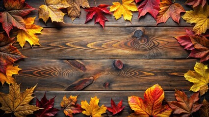 Poster - Autumnal foliage arranged on rustic wooden planks creating a vibrant fall border