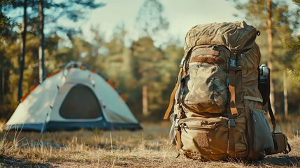 a well-worn travel backpack leaning against a tent in a camping scene.